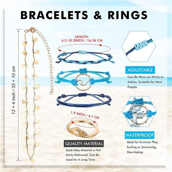 60 Pcs Surfer Wave Strand Bracelet Summer Layered Choker Pendant Necklace - Picture 7 of 7